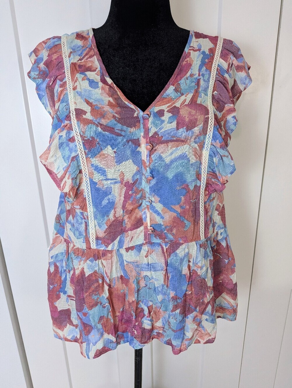 Zac & Rachel Floral V-neck Tunic Short Ruffle Sleeves Blouse Sz XL Blue Red EUC